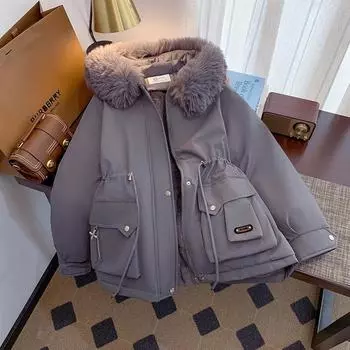 2024 новый большой размер пирог преодолевает женскую зимнюю корейскую версию с капюшоном пуховая хлопковая одежда утолщенная и бархатная теплая инструментальная куртка M [Recommended within 55kg]