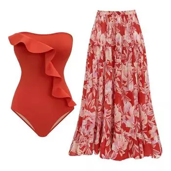 2024 Новый цельный купальник в стиле ретро, юбка с открытыми плечами и бретелями, купальник с цветочным принтом, женский утягивающий купальный костюм, пляжная одежда S красный