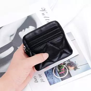 2024 Новый Чехол для карт из натуральной кожи для женщин Мягкий стеганый держатель для карт из овчины с ромбовидным узором Фирменный дизайн Женский кошелек для монет чёрный