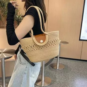 2024 новый чехол для сумки с жемчужной пряжкой, большая вместительная сумка-тоут для поездок на работу, хлопковая веревка, плетеная, портативная, полая, для овощей, сумка подмышкой белый