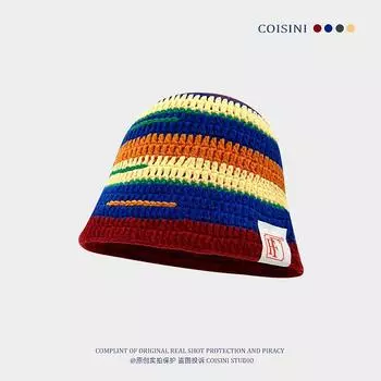 2024 новый цвет допамин контрастная полосатая вязаная шапка-ведро женская весна и осень повседневная универсальная шляпа-ведро показывает маленькое лицо One Size