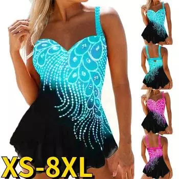 2024 новый дизайн комплекты бикини с принтом купальник женский сексуальный свободный размер из двух частей танкини купальники летние новые пляжные купальные костюмы S синий