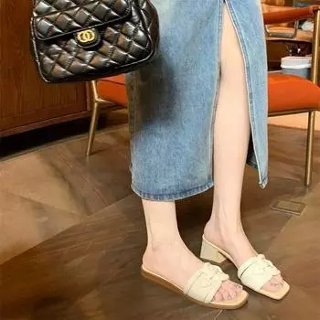 2024 Новый дизайн Удобные модные туфли на высоком толстом каблуке с квадратным носком Элегантные женские тапочки на плоской мягкой подошве 34(Foot22cm)