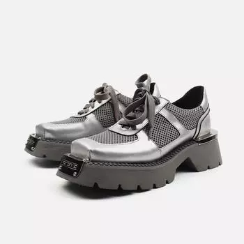 2024 Новый дизайн Женская и мужская обувь на плоской подошве, модная пара, кожаная обувь с квадратным носком, британский стиль, повседневная обувь на платформе в стиле ретро для женщин 35 серебряный