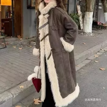 2024 новый длинный меховой пиджак выше колена с интегрированным дизайном из овечьей шерсти, женское зимнее пальто из овечьей шерсти, сезон M