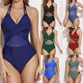 2024 Новый европейский и американский цельный купальник женский однотонный сетчатый бикини купальник бикини 2XL