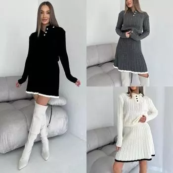 2024 Новый европейский и американский повседневный комплект с юбкой, длинным рукавом, трикотажным свитером на пуговицах, короткой юбкой, комплект из двух предметов для женщин S