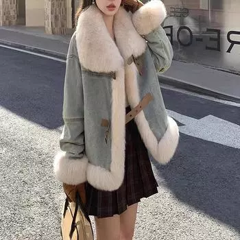 2024 Новый Fried Street Denim Pie превосходит женскую короткую куртку из лисьего меха S