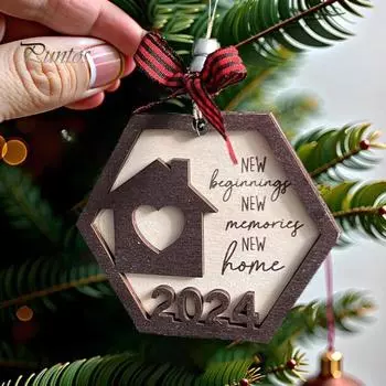 2024 Новый Год Подвесные Украшения Новое Начало Новые Воспоминания Новый Дом Натуральный Твердый Деревянный Ремесло Многоразовый Декор Рождественской Елки Подвеска Праздничные Атрибуты Hexagon