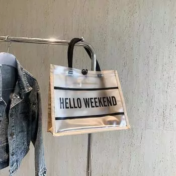 2024 Новый Guochao Leisure Personality ПВХ Печатный Алфавит Лен Сращивание Sense Commuter Большая Вместимость Портативная Сумка-тоут