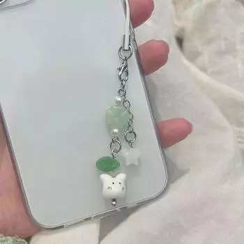 2024 Новый индивидуальный креативный дизайн ручной работы четырехлистный клевер бисерный телефонный брелок Y2k милый кот брелок женские сумки аксессуары зелёный