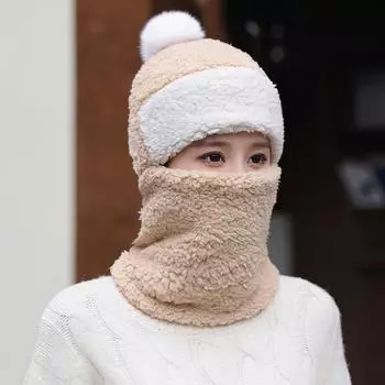2024 новый интегрированный шарф-шапка женский плюшевый утолщенный теплый плюшевый зимний холодный шарф для защиты ушей велосипедный с капюшоном M (56-58cm) integrated hat scarf бежевый