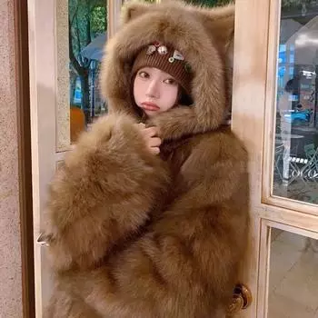 2024 новый искусственный мех лисы молодая шуба с капюшоном и ушками милый мех осень и зима утолщенная средняя и длинная шуба S чёрный