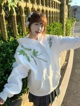 2024 Новый китайский цветочный венок с вышитым текстом HACR свитер с капюшоном черный белый S чёрный