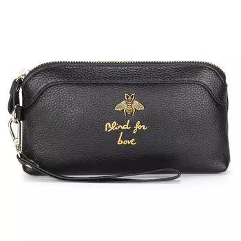 2024 Новый клатч Bee из натуральной кожи для женщин, клатчи, первый слой из коровьей кожи, длинный кошелек, вместительный кошелек для телефона для женщин чёрный