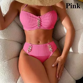 2024 Новый комплект бикини для Европы и США, трансграничный купальник в полоску с висячим вырезом, модный женский купальник-бикини с разрезом S белый