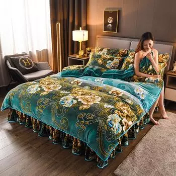 2024 Новый комплект из 7 предметов из молочного золотого бархата норки, комплект из четырех предметов, бархат Falai, коралловый бархат, юбка для кровати, пододеяльник, постельное белье 1.5m bed skirt 4pcs