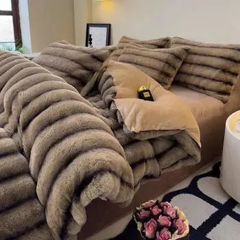 2024 новый комплект из четырех предметов из кроличьего бархата молочного бархата с утолщенным мехом кролика, комплект из четырех предметов из простыни длиной 1,5 м и 1,8 м Bed 1.5m&Flat Sheet синий