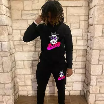 2024 Новый комплект из толстовки с принтом AKI English Doctor с капюшоном и бархатной толстовкой, спортивный комплект S чёрный