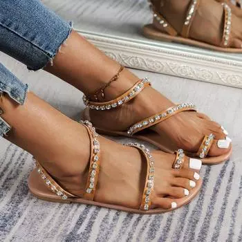 2024 новый комплект женских босоножек с плоским носком и стразами на плоской подошве, в сочетании с пляжными сандалиями 35 чёрный