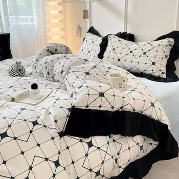 2024 Новый корейский свежий кремовый комплект из четырех предметов Fengyun Duo Cotton Edge с черно-белой печатью Cover 150 x 200