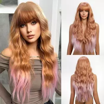 2024 Новый коричневый постепенное изменение розовый цвет хвоста волос краска Qi челка большие волны длинные вьющиеся волосы модный парик полная прическа lc8217-2