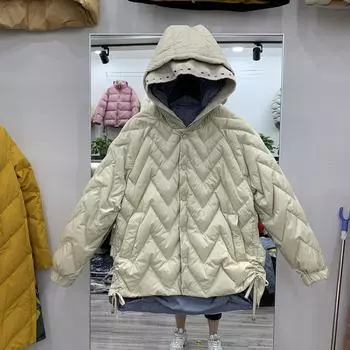 2024 новый короткий утолщенный пуховик женский модный свободный повседневный вязаный капюшон белый пуховик утиный S