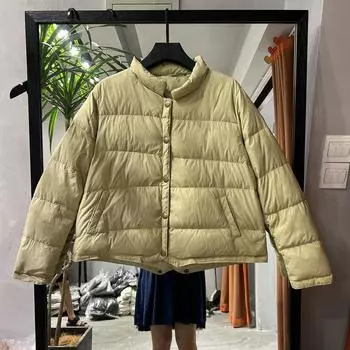2024 новый косой карман литературный и легкий пуховик женский короткий воротник стойка свободный большой размер белый утиный пух осенне-зимняя куртка M