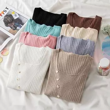 2024 Новый квадратный воротник вязаный свитер женский облегающий осенний модный повседневный свитер с длинным рукавом на пуговицах базовый пуловер женские свитера одежда 2175 One Size чёрный