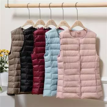 2024 новый легкий и тонкий короткий модный пуховик женский жилет премиум легкий женский пуховый жилет с круглым вырезом M белый