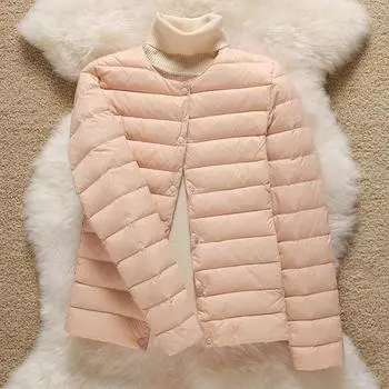 2024 новый легкий и тонкий пуховик женский короткий круглый вырез с v-образным вырезом утепленная подкладка осенне-зимняя тонкая куртка без воротника большого размера M белый