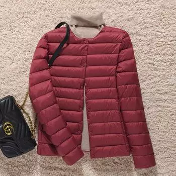 2024 новый легкий и тонкий пуховик женский с коротким круглым вырезом внутри и снаружи, тонкая женская одежда без воротника легкая куртка M чёрный