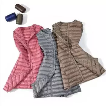 2024 новый легкий и тонкий пуховик женский средний и длинный свободный и тонкий универсальный жилет куртка жилет пуговицы модный M хаки