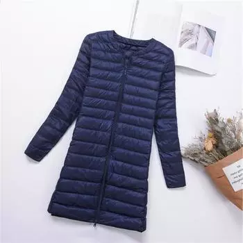 2024 новый легкий и тонкий пуховик женский средний и длинный круглый вырез длинный рукав облегающий универсальный подклад легкая куртка M розовый