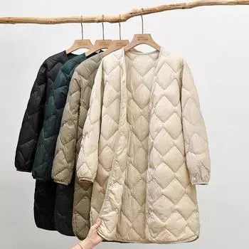 2024 новый легкий и тонкий пуховик женский средней и длинной длины с ромбовидной сеткой белый утиный пух теплая куртка зимняя L чёрный