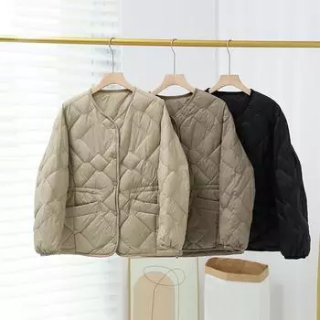 2024 новый легкий пуховик зимний женский с короткой талией популярный модный весенне-осенний тонкий пиджак без воротника с талией S легкие хаки
