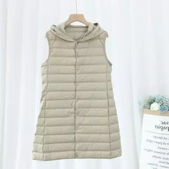 2024 новый легкий пуховый жилет женский средний и длинный легкий пуховик с капюшоном жилет с давлением M хаки
