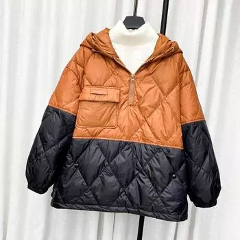 2024 новый легкий пуловер свитер пуховик женский короткий свободный зимняя шапка интернет знаменитости контрастное сращивание M бежевый