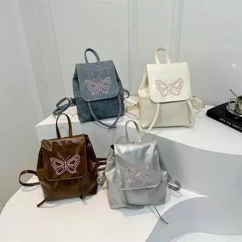 2024 Новый Ленивый Универсальный Большой Вместимости Рюкзак Бабочка Женский Милый Маленький Свежий Досуг Колледж Ветер Косой Спина Сумка серебряный