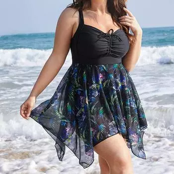 2024 Новый Летний Купальник с Высокой Талией Женщины Плюс Размер Купальник Эластичный Тонкий Цветы Полиэстер Сексуальное Пляжное Платье Толстые Женщины Спинки Без Рукавов Плавать Платье L чёрный