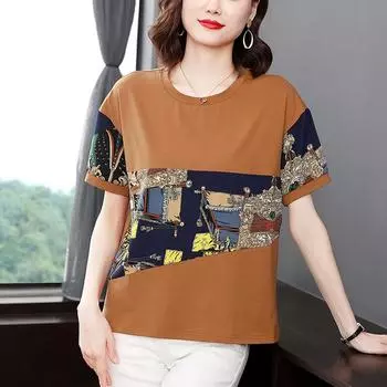 2024 Новый летний модный топ для мам среднего возраста в западном этническом стиле с круглым вырезом, свободная и уменьшающая возраст большая футболка с короткими рукавами для женщин