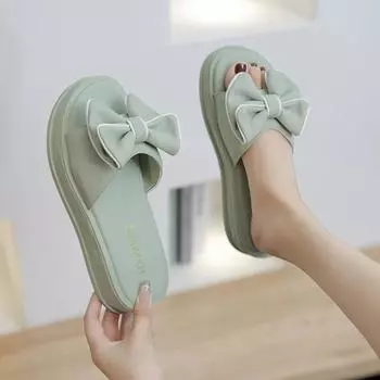 2024 Новый летний стиль, модные и элегантные босоножки на платформе с бантом, однотонные легкие тапочки с открытым носком и плоским каблуком 35 бежевый
