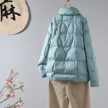 2024 новый литературный и ретро тонкий пуховик женский короткий ромбовидный воротник стойка теплое свободное пальто S чёрный