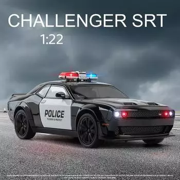 2024 Новый масштаб 1:22 Hell Cat Challenger SRT Полицейская машина Модель Игрушки Литой сплав 4 двери открываются Звук Свет Инерционный автомобиль Подарок для ребенка чёрный