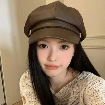 2024 новый модный берет из искусственной кожи для женщин, летний, тонкий, темпераментный, универсальный, с большой окружностью головы, показывающий лицо, маленькая восьмиугольная шляпа, прилив M56-58cm