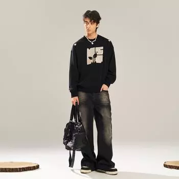 2024 новый модный бренд, ретро черный свитер с круглым вырезом для пары для женщин весна-осень S чёрный