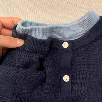 2024 новый модный темно-синий свитер куртка женская весна и осень ленивый свободный и универсальный поддельный вязаный свитер из двух частей S recommends 75-47.5 kg тёмно-синий