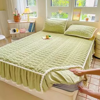 2024 новый молочный флисовый мягкий хлопковый матрас класса А юбка для кровати с комками шерсти утолщенный защитный чехол для матраса однотонный цвет 150x200cm 1pcs фиолетовый