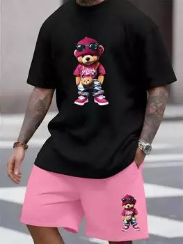 2024 Новый мужской комплект с принтом 3D-медведя из мультфильма, летняя повседневная мужская футболка с короткими рукавами, модные пляжные шорты для улицы S
