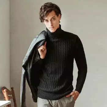 2024 Новый мужской облегающий вязаный свитер с высоким воротником и витым цветочным узором - корейский стиль, большой размер, молодежный топ XL темно-серого